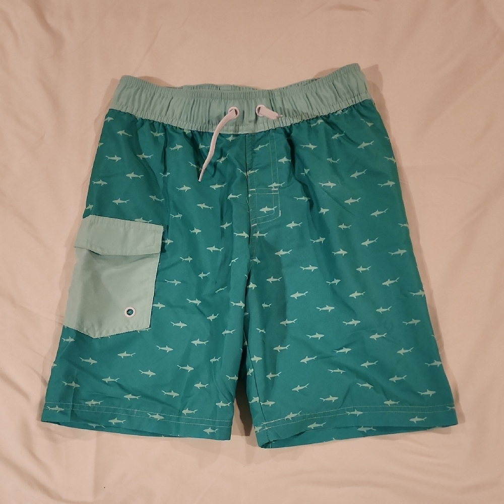 Cat & Jack Mint Green With Sharks Swim Trunks. Size Medium 8/10